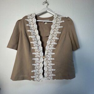 S.L. Fashions Womens Petites Tan Short Sleeve Blazer With Lace Trim Size 20